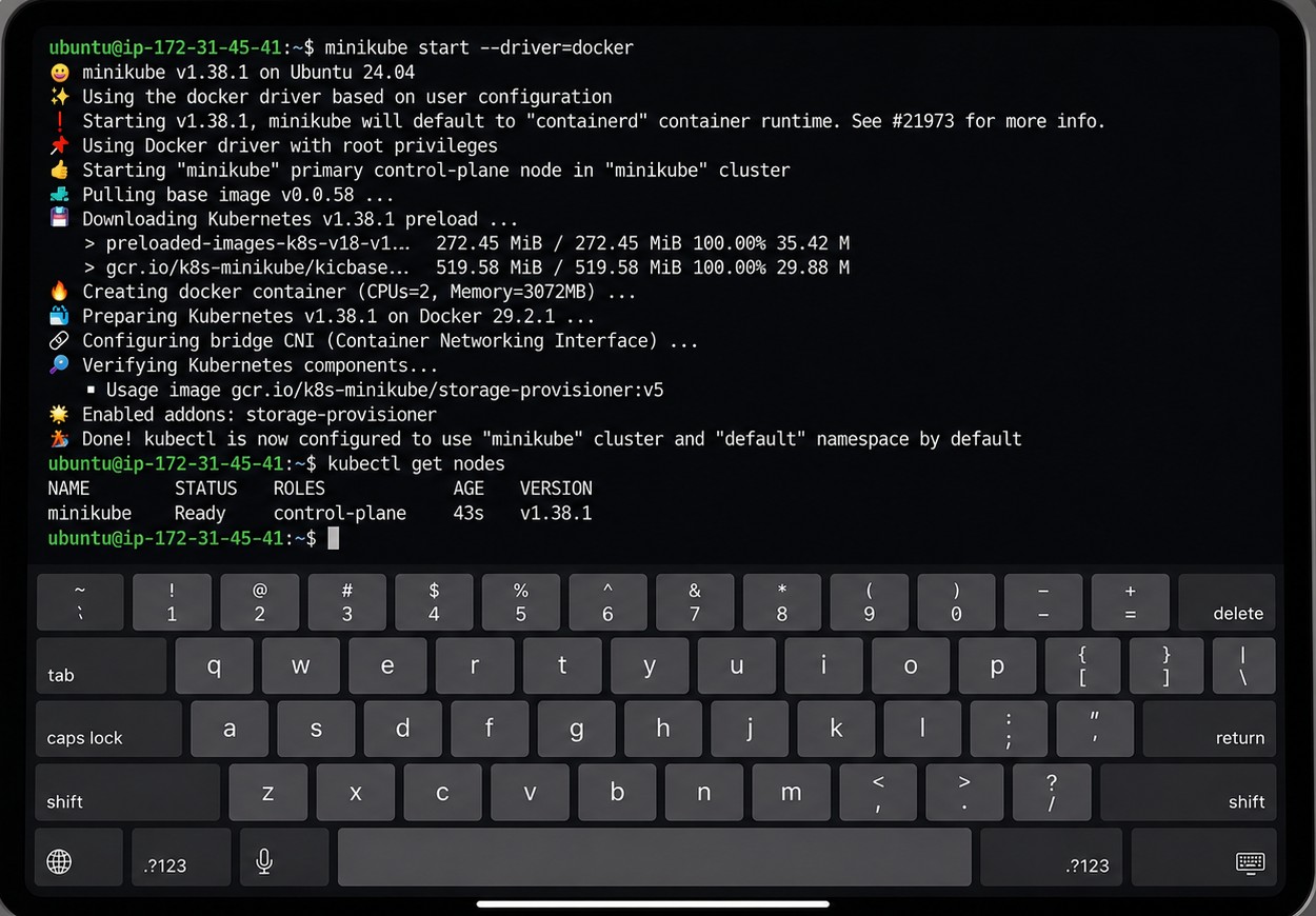 minikube running on an iPad via SSH to EC2